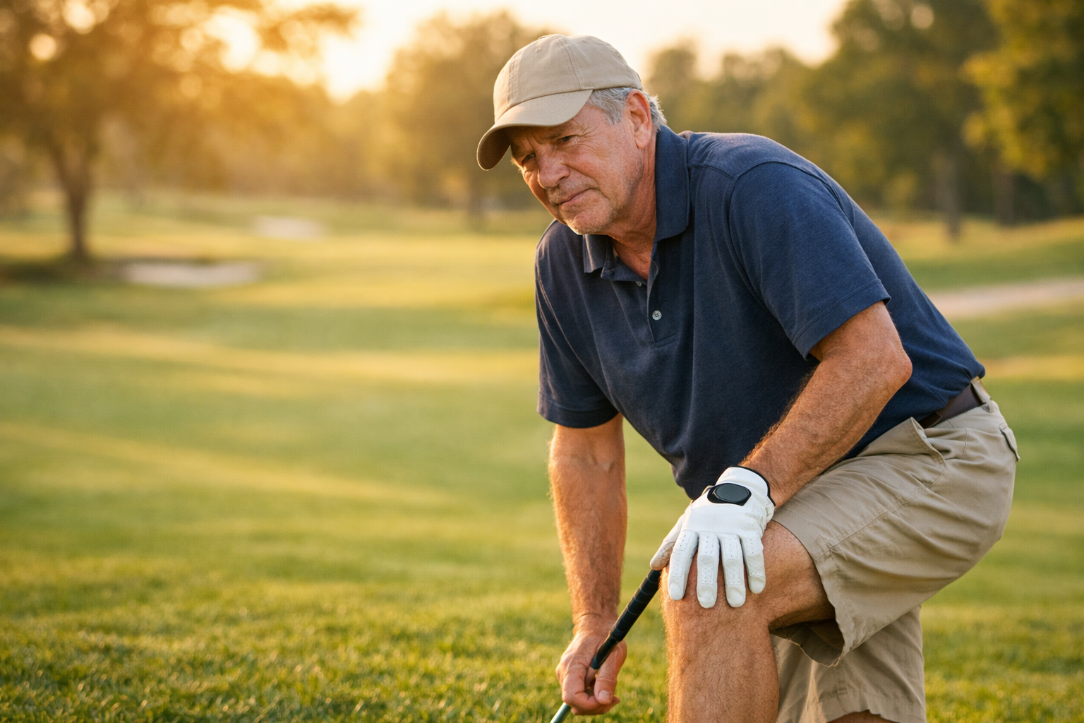 Active older adult with knee pain on a Sarasota golf course — non-surgical treatment options available at Platinum Healthcare