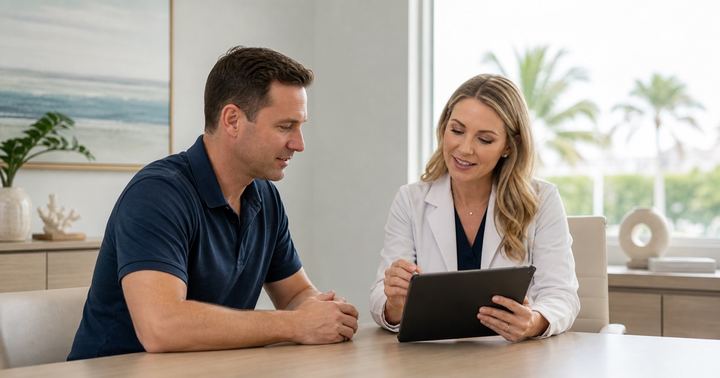 Healthcare provider reviewing stem cell therapy consultation questions with a patient in Sarasota