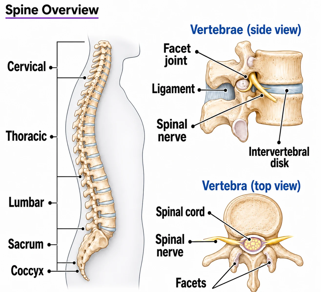 Spine overview diagram labeling the cervical, thoracic, lumbar, sacrum, coccyx, spinal nerve, facet joint, ligament, vertebra, and intervertebral disk