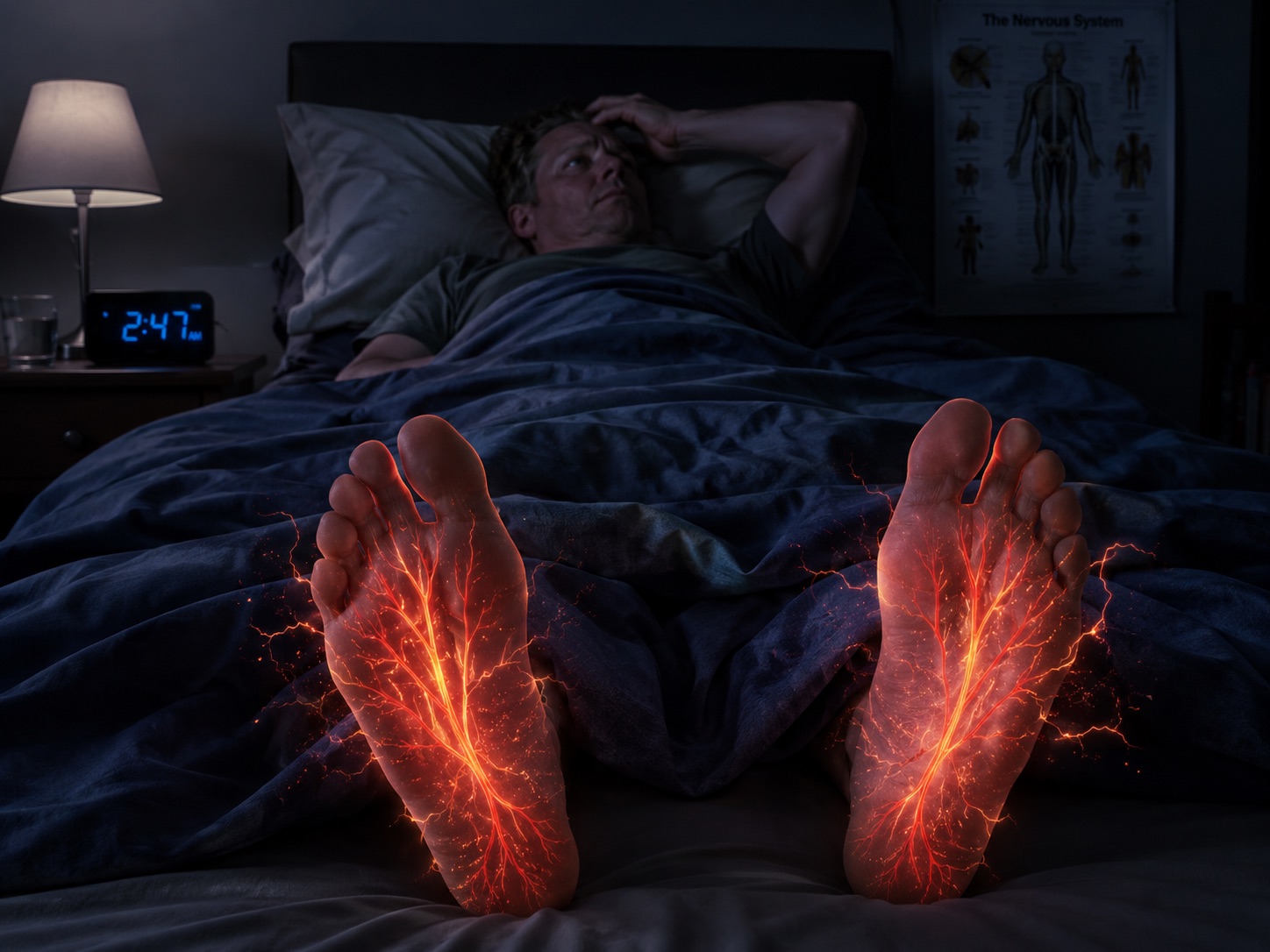 Person awake at night with burning or tingling sensations in the feet
