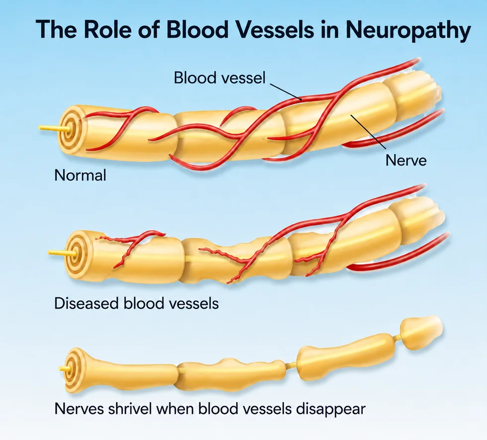 Educational diagram showing that health history and circulation questions may be discussed during a neuropathy evaluation