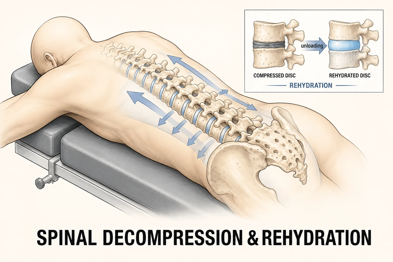 Illustration of a patient positioned on a spinal decompression table